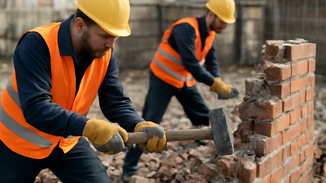 Разборка кирпичного забора с металлическими воротами